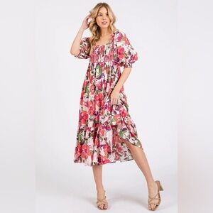 Mittoshop Flower Print Puff Sleeve Ruffle Smocked Midi Dress